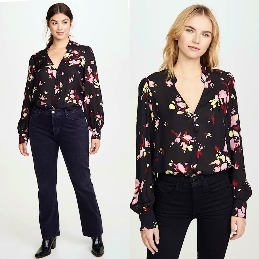 ALC Silk Chiffon Floral Print Stand Collar V-Neck Puffed Long Sleeve Blouse 2